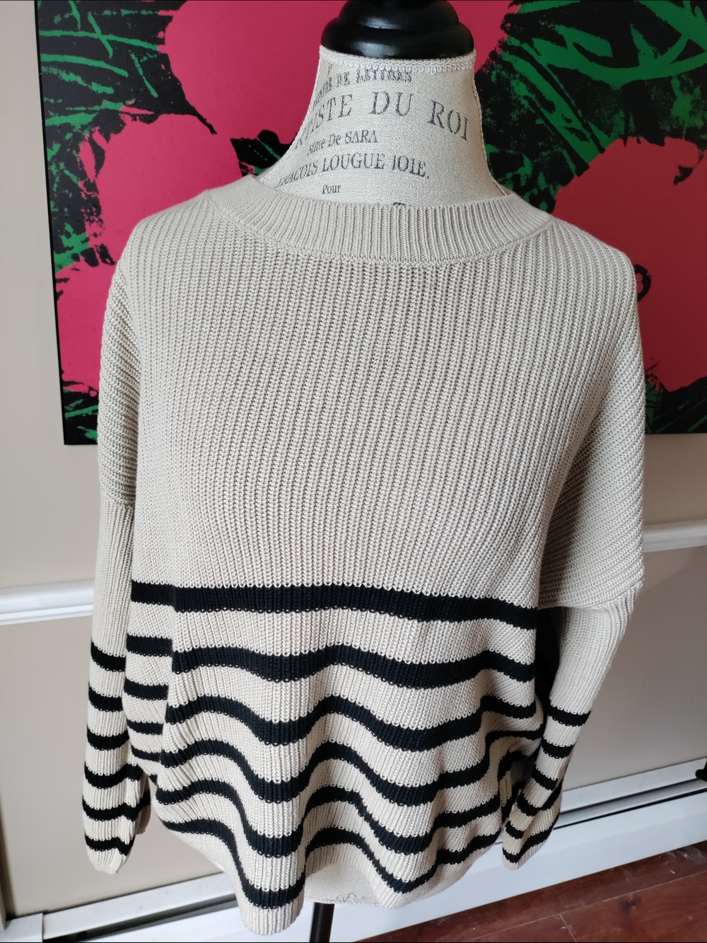 NWT Women's DKNY Cream and Black Striped Crewneck Sweater Size XL